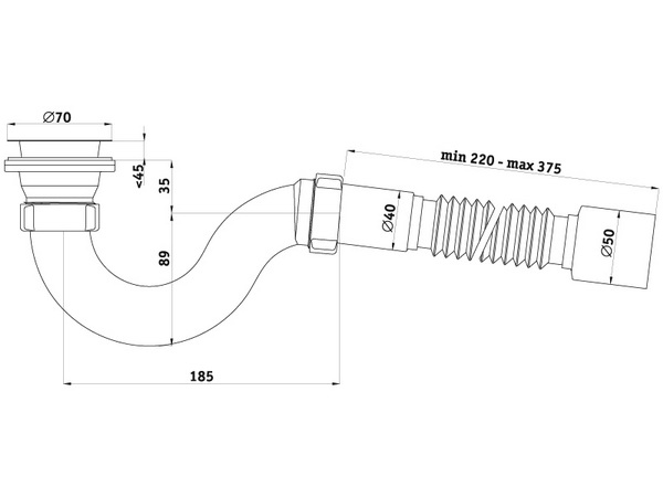 Схема размеров сифона для душевого поддона с гибкой трубкой АНИ Пласт