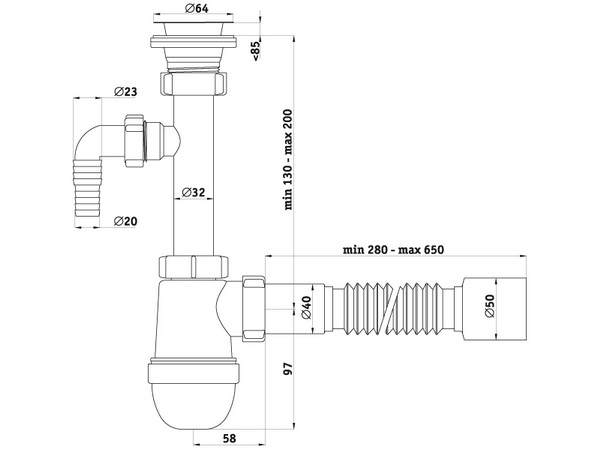 Схема размеров сифона для умывальника АНИ Пласт C1310