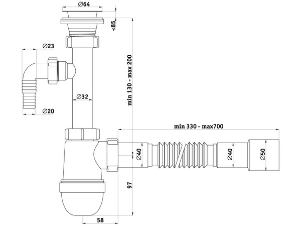 Схема размеров сифона для умывальника АНИ Пласт C1315