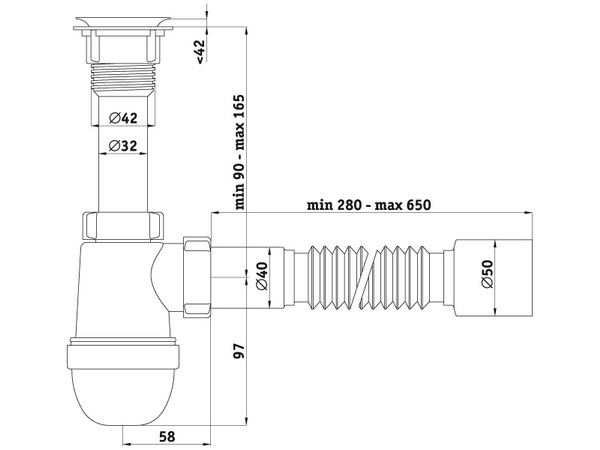 Схема размеров сифона для умывальника АНИ Пласт C5010
