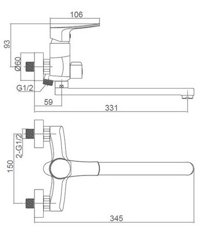 Схема размеров смесителя для ванной с душем и длинным изливом FRAF GRAND GOLSEN FG-052615