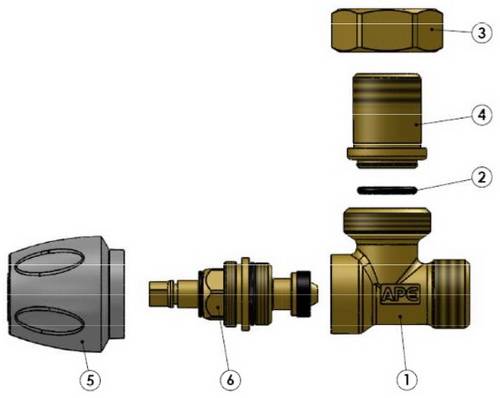Схема компонентов в разборе крана радиаторного APE углового верхнего