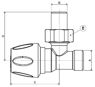 Схема размеров углового крана для радиатора отоплений APE верхнего углового