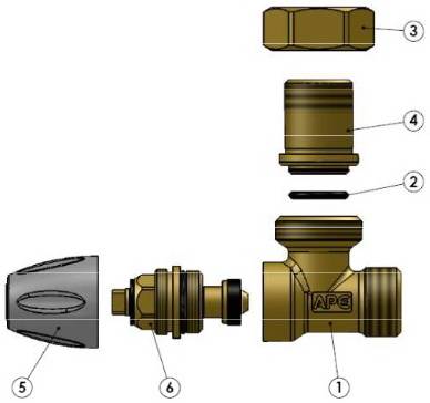 Схема компонентов в разборе крана радиаторного углового APE нижнего