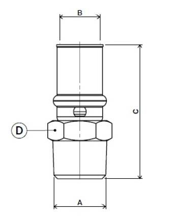 Схема размеров пресс-муфты прямой с наружной резьбой APE для металлопластиковых труб
