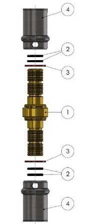Изображение компонентов в разборе пресс-муфты прямой равно промежуточной APE для металлопластиковых многослойных труб
