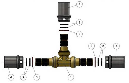Изображение компонентов в разборе пресс-тройника редукционно промежуточного APE для металлопластиковых труб