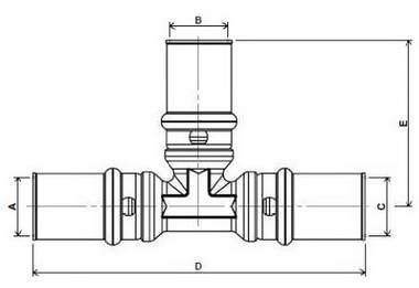 Схема размеров пресс-тройника равно промежуточного APE для металлопластиковых труб
