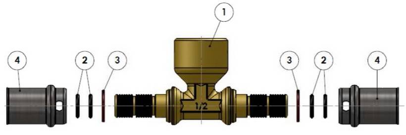 Изображение компонентов в разборе пресс-тройника с внутренней резьбой APE для металлопластиковых труб