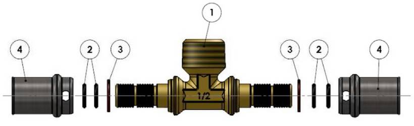Изображение компонентов в разборе пресс-тройника с наружной резьбой APE для металлопластиковых труб