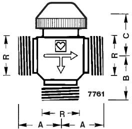 Схема размеров трёхходового термокрана для отопления CALIS-TS