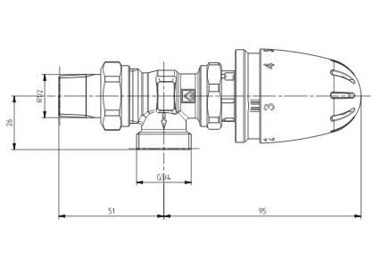 Схема размеров крана радиаторного углового с термоголовкой ГЕРЦ-MINI