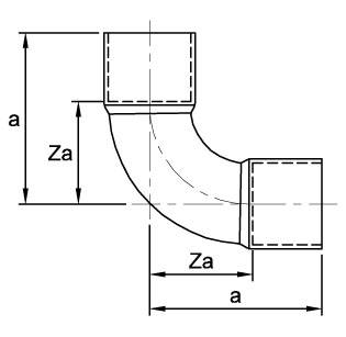 Схема общих размеров отвода двухраструбного медного 90° ASN18