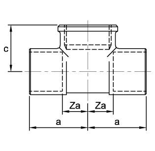 Схема размеров тройника с внутренней резьбой под углом 90 градусов ASN30