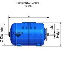 Схема размеров гидроаккумуляторов ZILMET ULTRA-PRO горизонтальных 19-24л