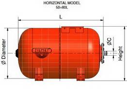 Схема размеров гидроаккумуляторов ZILMET ULTRA-PRO горизонтальных 50-80л