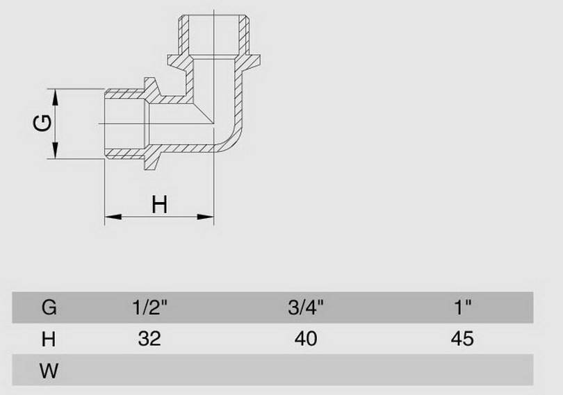 Схема размеров угла наружная резьба латунного хром НН SMS17