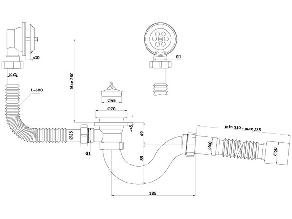 Размеры сифона для ванны с выпуском и переливом c гибкой трубой АНИ Пласт