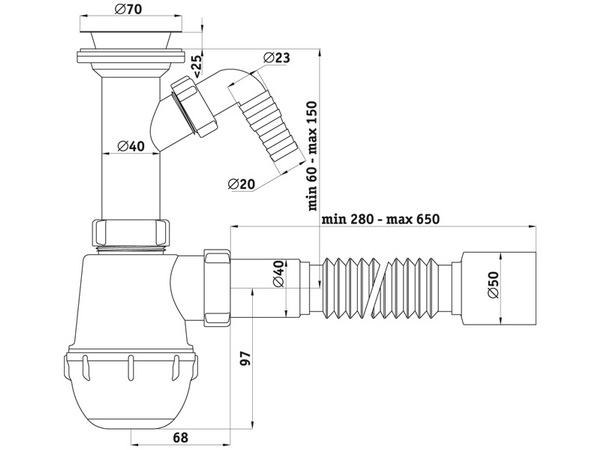 Схема размеров сифона для мойки с подключением стиральной машины A2010