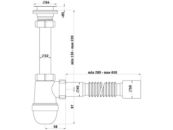 Схема размеров сифона для умывальника АНИ Пласт C1010