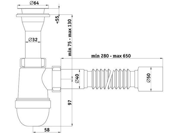 Схема размеров сифона для умывальника АНИ Пласт C2010