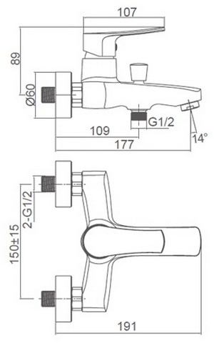 Схема размеров смесителя для ванны FRAUF GRAND GOLSEN FG-052609
