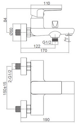 Схема размеров смесителя для ванной FRAUF GRAND HERZBLLATT FG-052909