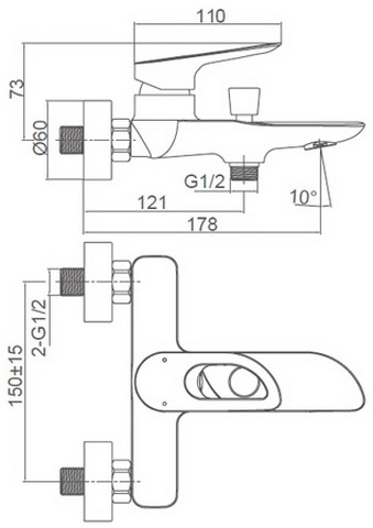 Схема размеров смесителя для ванной FRAUF GRAND SCHATZ FG-053309