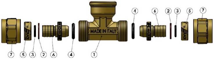 Схема компонентов в разборе тройника компрессионного с внутренней резьбой APE