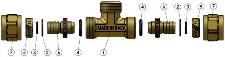 Компоненты в разборе тройника компрессионного с наружной резьбой APE