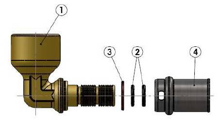 Изображение компонентов в разборе пресс-угла с внутренней резьбой APE для металлопластиковых труб