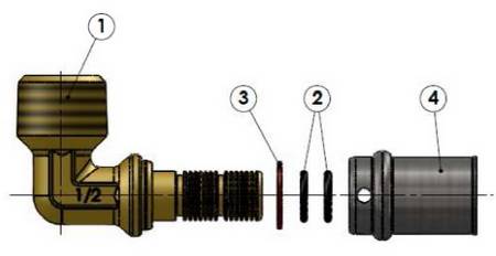 Изображение компонентов в разборе пресс-угла с наружной резьбой APE для металлопластиковых труб