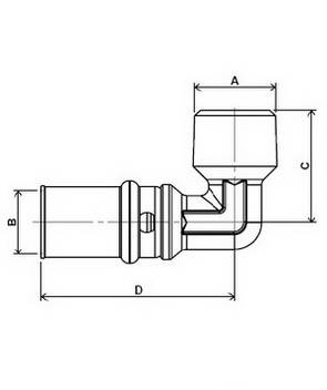 Изображение размеров пресс-угла с наружной резьбой APE для металлопластиковых труб