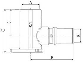 Изображение размеров пресс-угла монтажного APE с фланцем для многослойных металлопластиковых труб