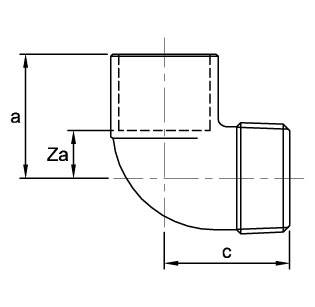 Схема размеров угла переходного медного 90° наржуного под пайку с наружной резьбой ASN13