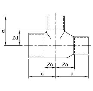Схема размеров тройника медного с двумя редукционными окончаниями ASN27