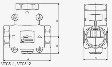 Размеры смесительного клапана ESBE VTC511 для твердотопливных котлов