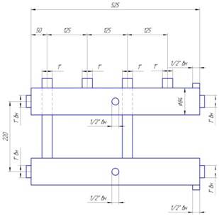 Схема размеров распределительного коллектора из нержавейки на 2 пары выходов