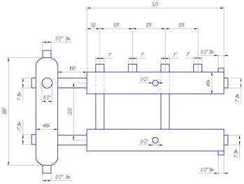 Схема размеров распределительного коллектора на 2 пары выходов в сборе с гидрострелкой