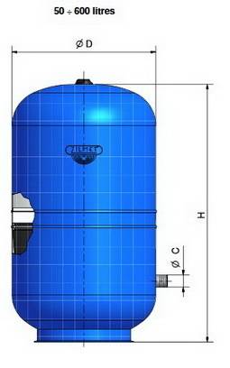 Схема размеров гидроаккумулятора HYDRO-PRO ZILMET от 50 до 600 литр