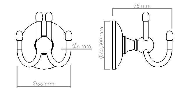 Изображение размеров вешалки настенной два крючка хром латунь VIYA